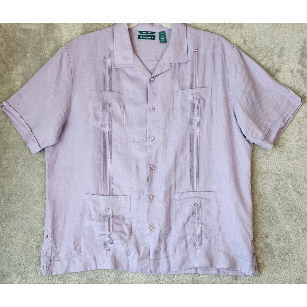 Cubavera Shirt Mens XXL Lavender Purple Linen Short Sleeve Pleated Guayabera